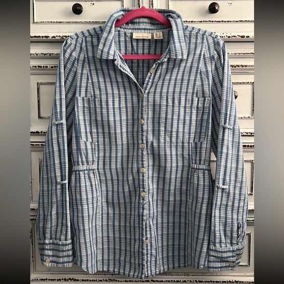 DKNY long sleeve button tan light weight button down with elastic waist size L - Picture 1 of 15